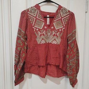 Anthropologie Keira Embroidered Peplum Blouse Bohemian Red Womens Size 2